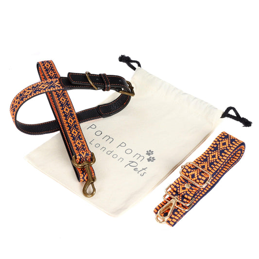 Collar, Lead & Bag Strap Set - Orange & Navy LARGE